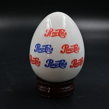Pepsi-Cola White Glass Logo Display Egg Collectible With Wooden Stand Vintage