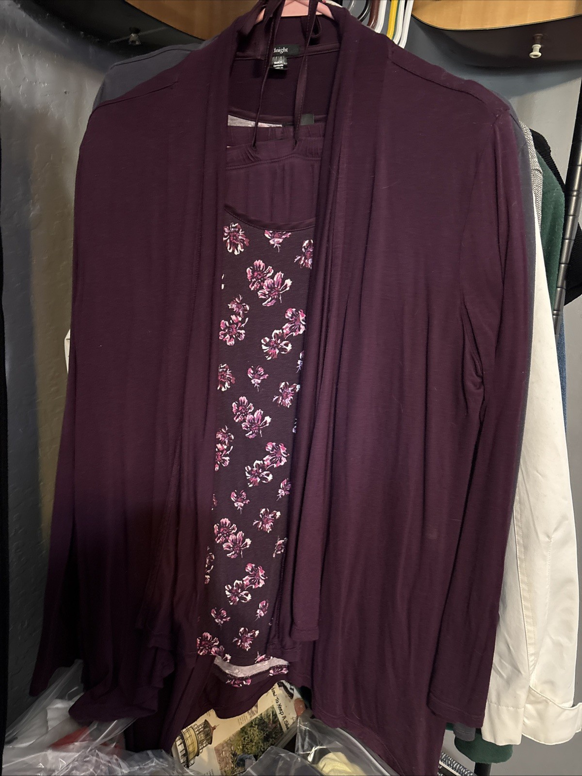 MIDNIGHT WOMEN'S 3 PIECE LOUNGE SET Size L purple pants short sleeve top  jacket