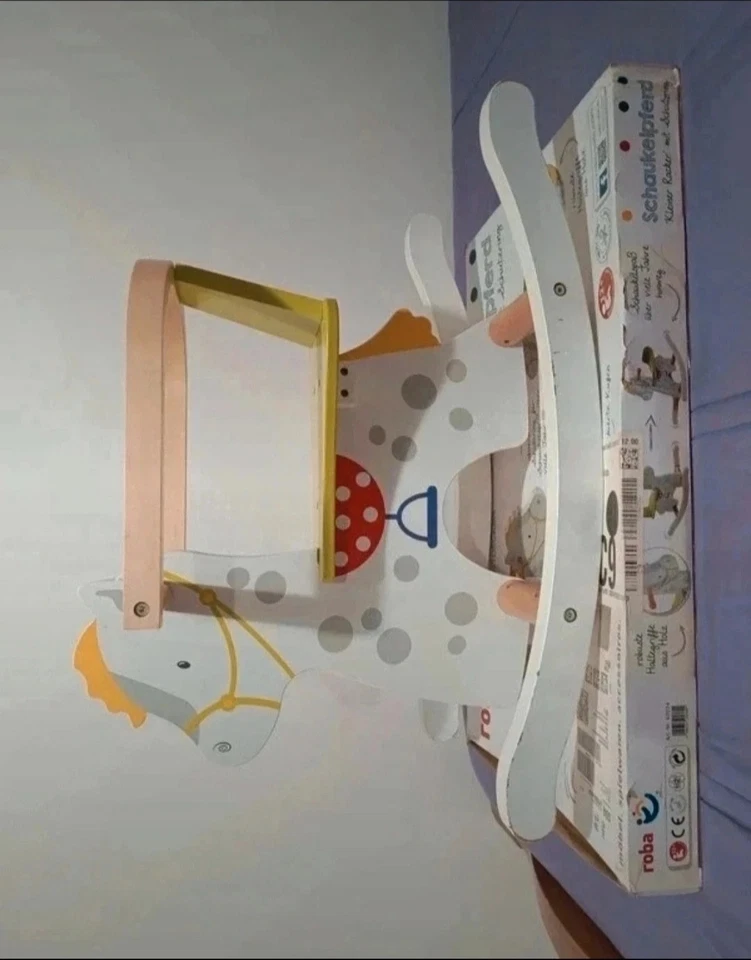 Cavallo a dondolo Roba colore bianco, con fantasia grigio e rosso, seduta verde - Immagine 3 di 4