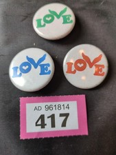 3x Coldplay "Love" Badges, Blue,Red, Green Dia32mm