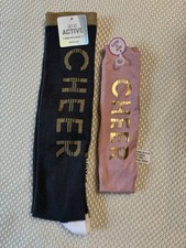 JUSTICE CHEER GREY GOLD KNEE SOCKS For Shoe Size 5-9 and Reversible HEADBAND NEW