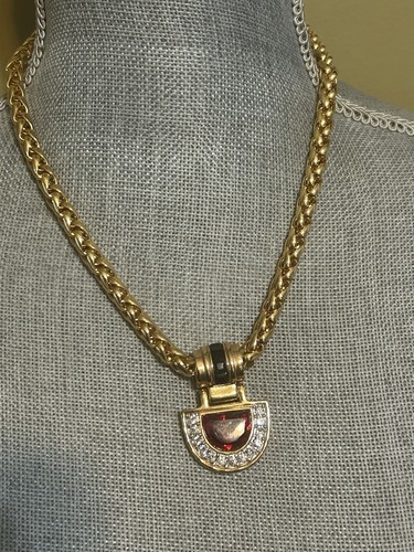 Large Signed CRAFT Vintage Chunk Necklace in Gold Tone Red Crystal Rhinestone 18 - Picture 5 of 7