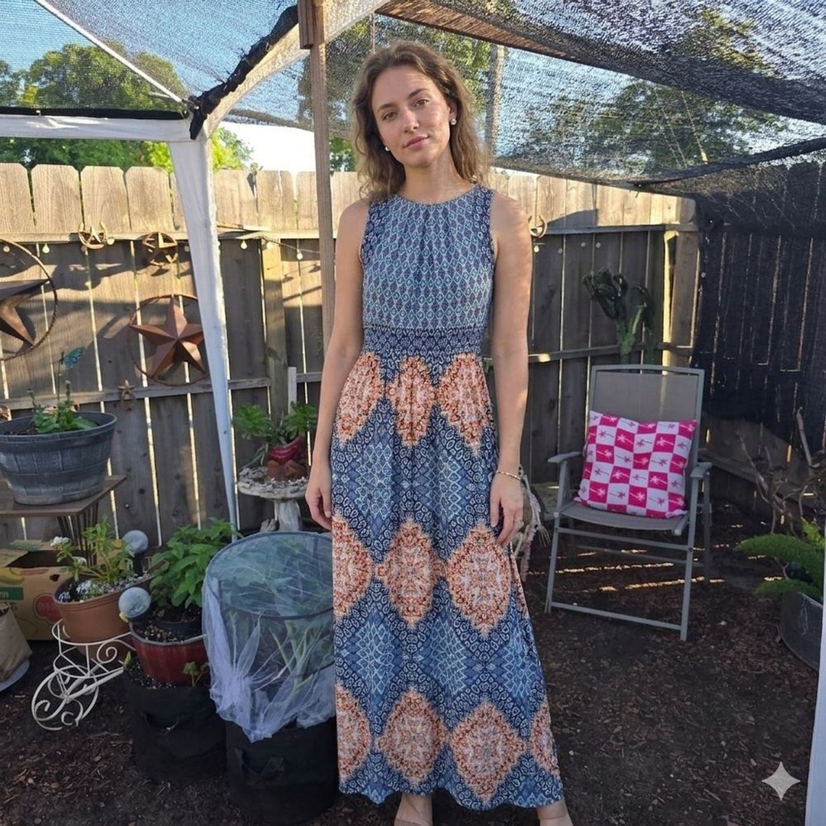 Sleeveless Blue and Peach Printed Maxi Dress Women's 10 Wisp Brand, Beach, Maxi, Sleeveless Blue and Peach Printed Maxi Dress Women's 10 Wisp Brand, Beach, Maxi,