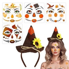 1pcs Halloween Scarecrow Hat Headband 4 Sheets Scarecrow Face Tattoos for Scar