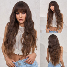 Long Wavy Gradient Brown Synthetic Hair Wigs Women Soft Party Natural With Bangs