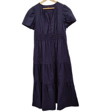 Quince Women 100% Organic Cotton Poplin Tiered Maxi Dress Navy Basic Sleeved L