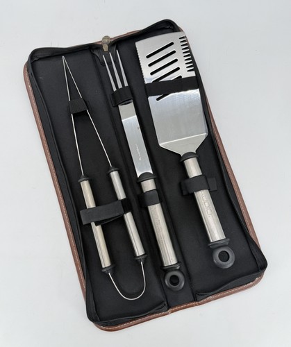 JL Audio Three-Piece Stainless Steel BBQ Tool Set W/ Case Fork Spatula Tongs HTF