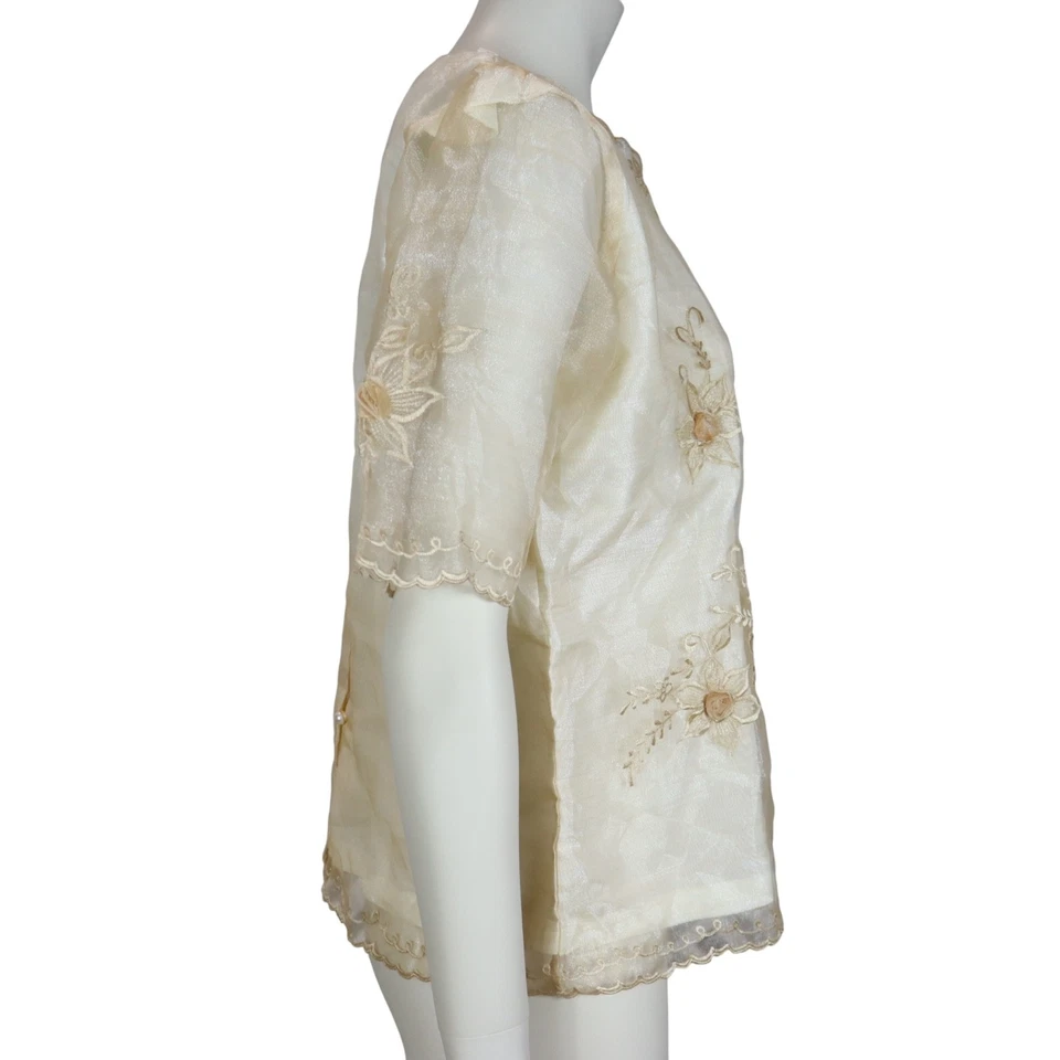 Blusa bordada filipina vintage aplique rosa marfim quimona feminina grande - Imagem 4 de 4