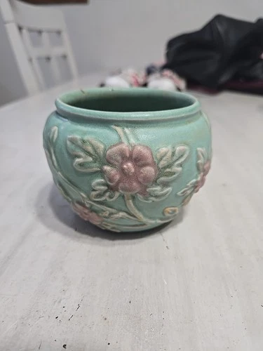Vintage Hull Art Pottery Crab Apple Pattern Bowl 1934  5” Tall Matte Aqua/pink