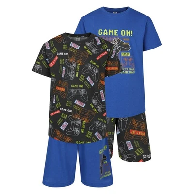NORTH EAST Boys 2 Pack Short Pyjamas Press Start Nightwear Gaming PJ Sets 9 to 16 Years