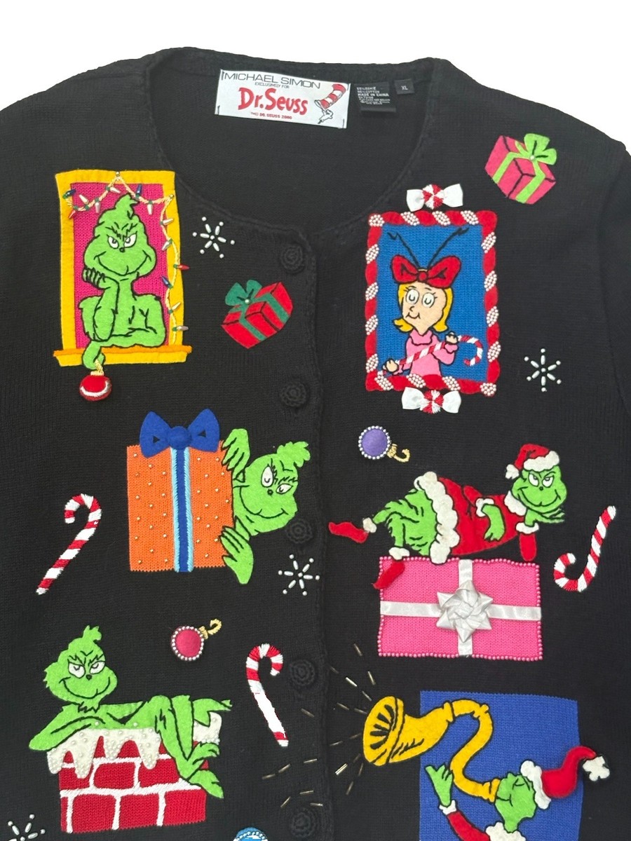 VTG 2000 Michael Simon GRINCH XMAS Cardigan Sweater Button/Embroidered Beaded XL View 4