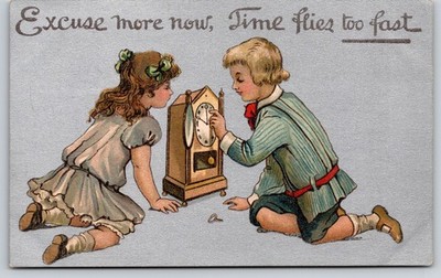 Children Adjust Clock~Excuse~Time Flies~Silver~BB London c1910 Vintage Postcard