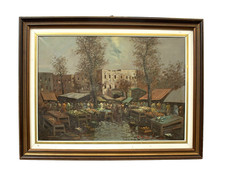 Dipinto olio su tela "Piazza del mercato alimentare" con firma leggibile