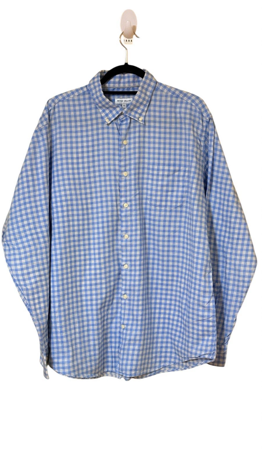 Peter Millar Cotton Gingham Button Down Shirt Blue White XL Casual Classic Men's