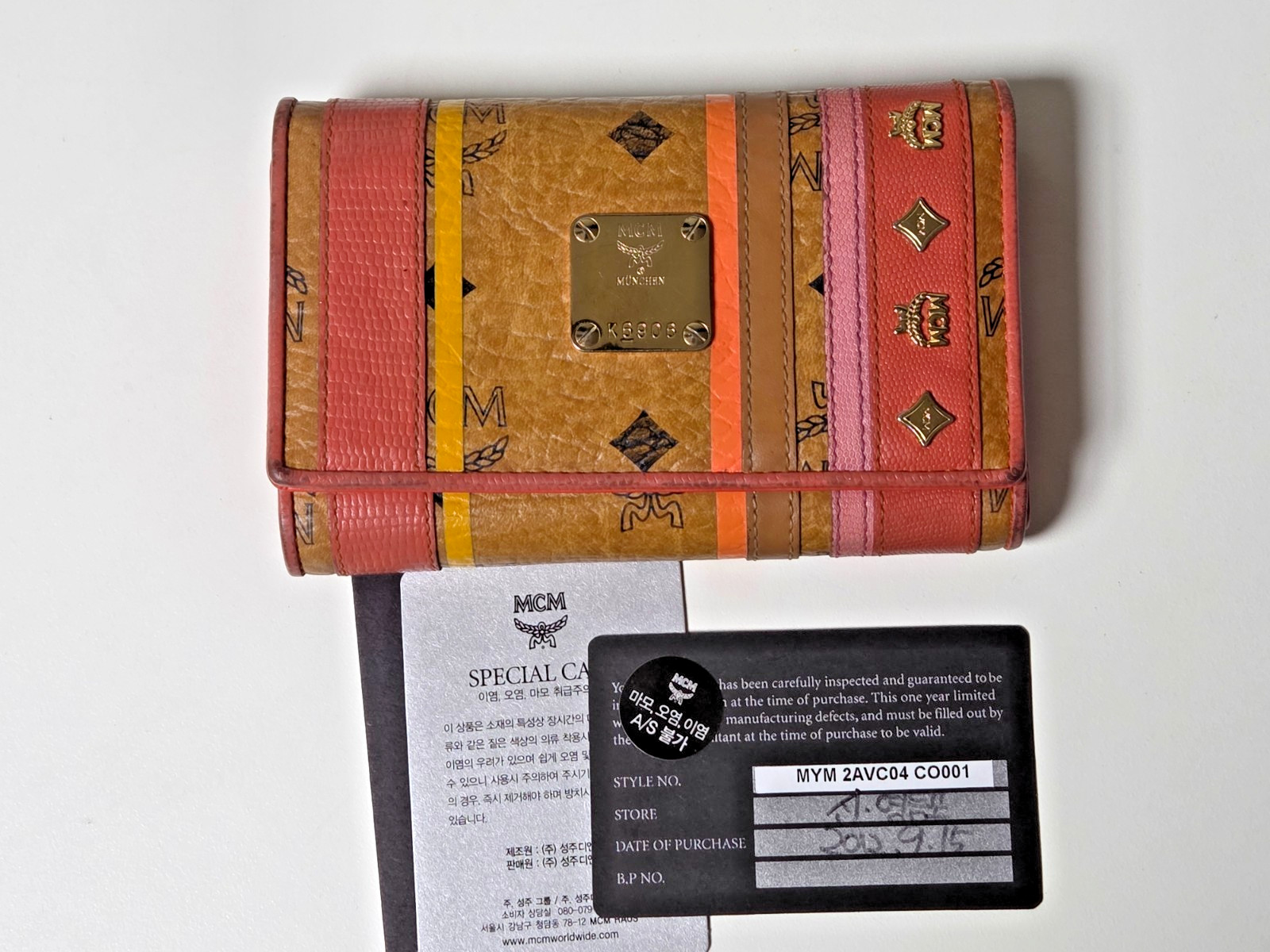 MCM Visetos Wallet Trifold Pink Cognac Leather Studs Flap Y2K Cute Authentic