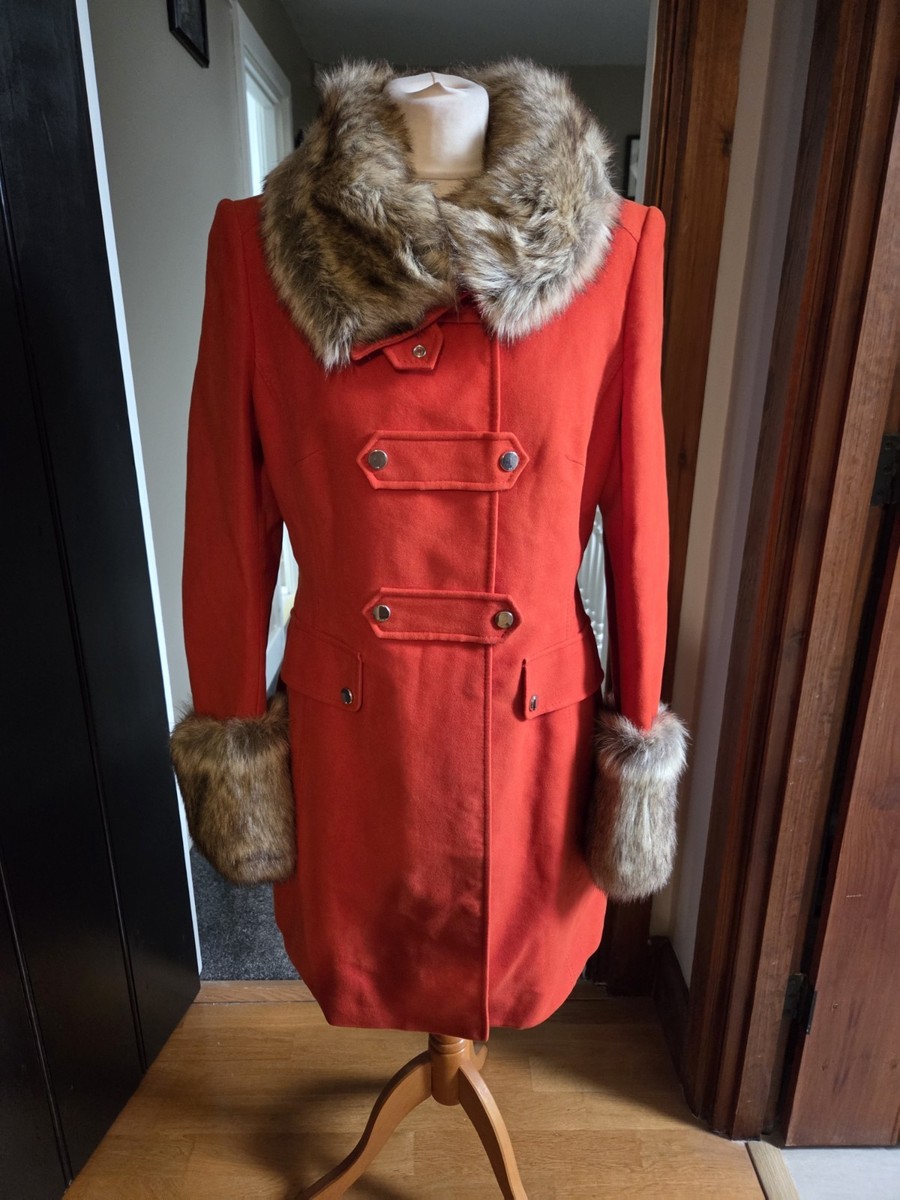 Karen Millen Military Style Coat With Faux Fur Collar And Cuffs