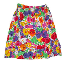 Vtg 80s 90s FLORAL SKIRT Bright Rainbow Colorful Teacher Lg Flower Print Plus Sz