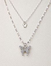 Silver Layered Butterfly Necklace Double Chain Crystal Pendant Korean Style Gift