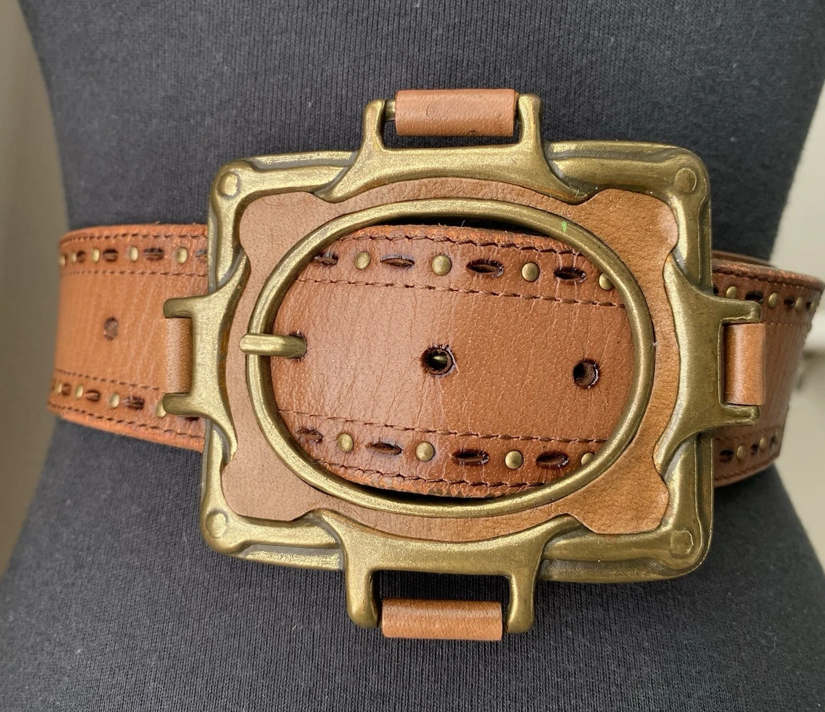 Vtg Linea Pelle Cognac Wide Leather Belt Brass Conchos Linea Pelle Waist Belts for Women | Mercari main image 3