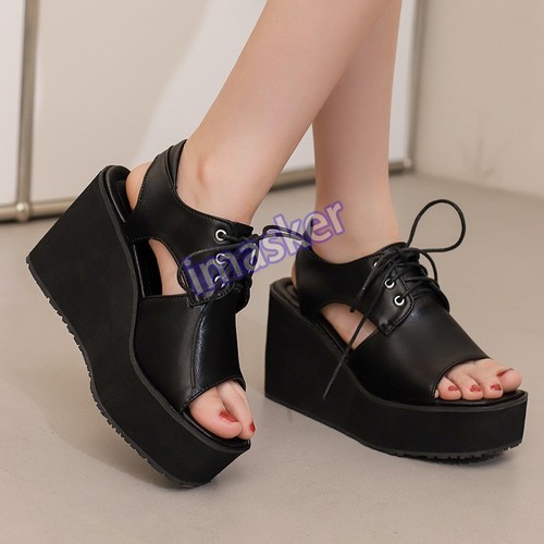 Women's Summer Open Toed Slopes Heels Sandals Lace Up Elevator Sandal - Picture 3 of 15