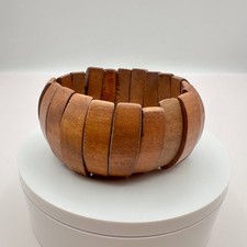 Vintage 80s Wooden Panel Link Bracelet Segmented Chunky Ethnic Cuf Retro Jewelry