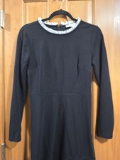 Loft Black White ruffle crew neck LS Black short dress a line back zip rayon ble