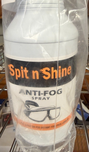 White 16 oz Spit n Shine Anti-Fog Spray bottle with black text and silver lenses, made in USA.