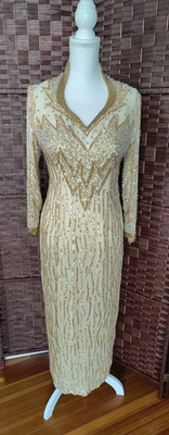 #ad Landa Vintage Silk Evening Gown Gold Beaded Sequin Rhinestone Maxi Glam 80#x27;s 90#x27; $89.99