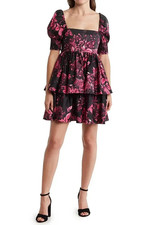 NWT- Alice + Olivia 'Emmalou' Puff-Sleeve Floral Mini-Dress, Wild Pink - Size 6