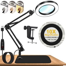 10X Magnifying Glass with Light and Stand, Dimmer Adjustable Swing Arm 2-in-1 De