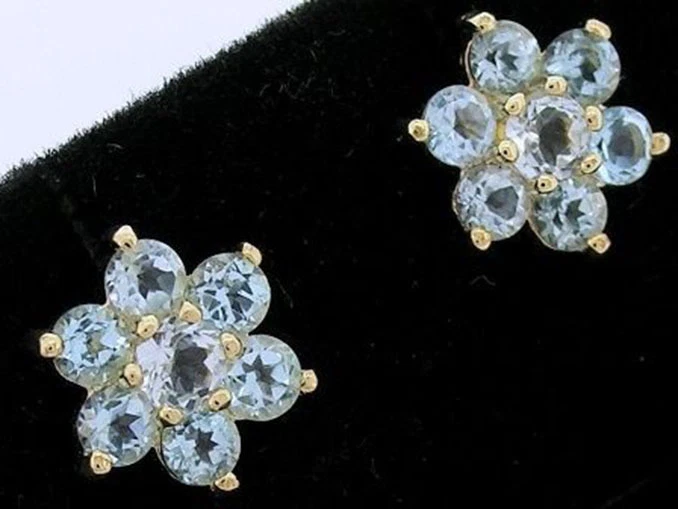 s E058 Genuino Oro Amarillo 9K Natural Aguamarina Flor Racimo Pendientes Foto 2 de 4