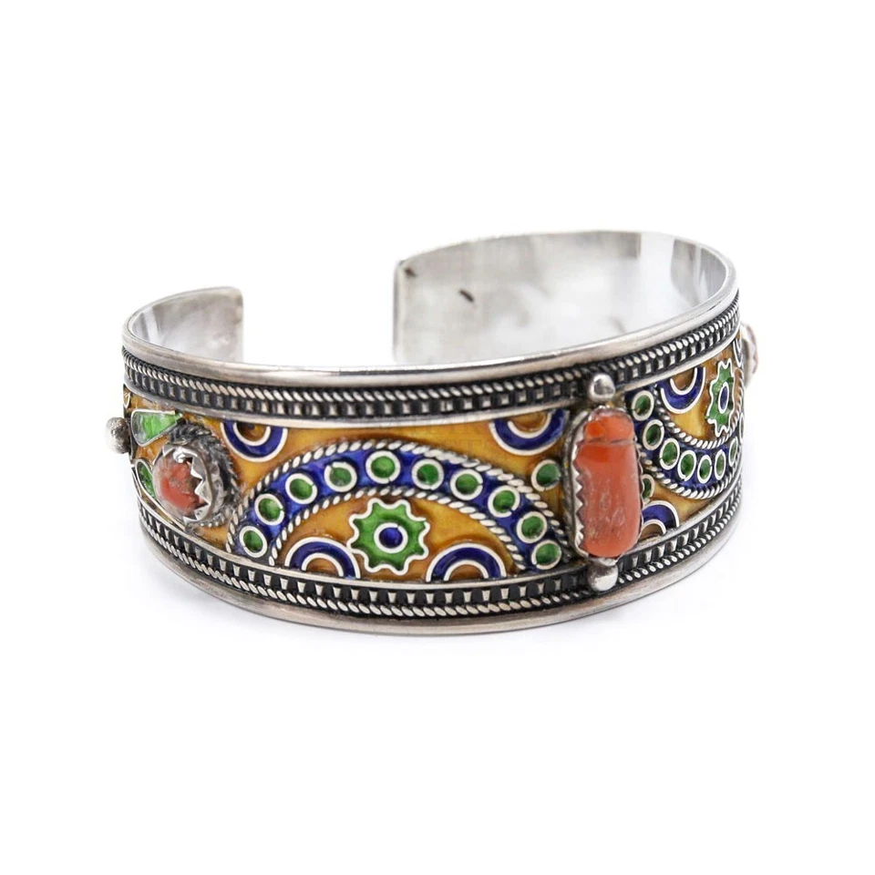 Kabyle Berber Cuff Bracelet Silver with Enamel & Coral Adjustable Handmade - Image 2 of 4