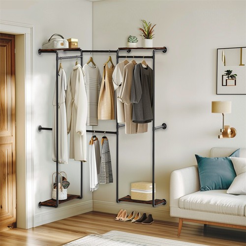Industrial Pipe Clothes Rack Adjustable Wall-Mounted Walk-in Wardrobe with Shelf - Picture 7 of 12
