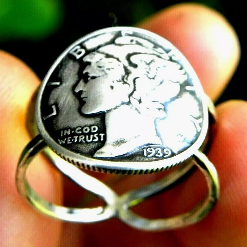 Mercury dime coin sterling silver ring 1936 or 1939 or 1940 1941