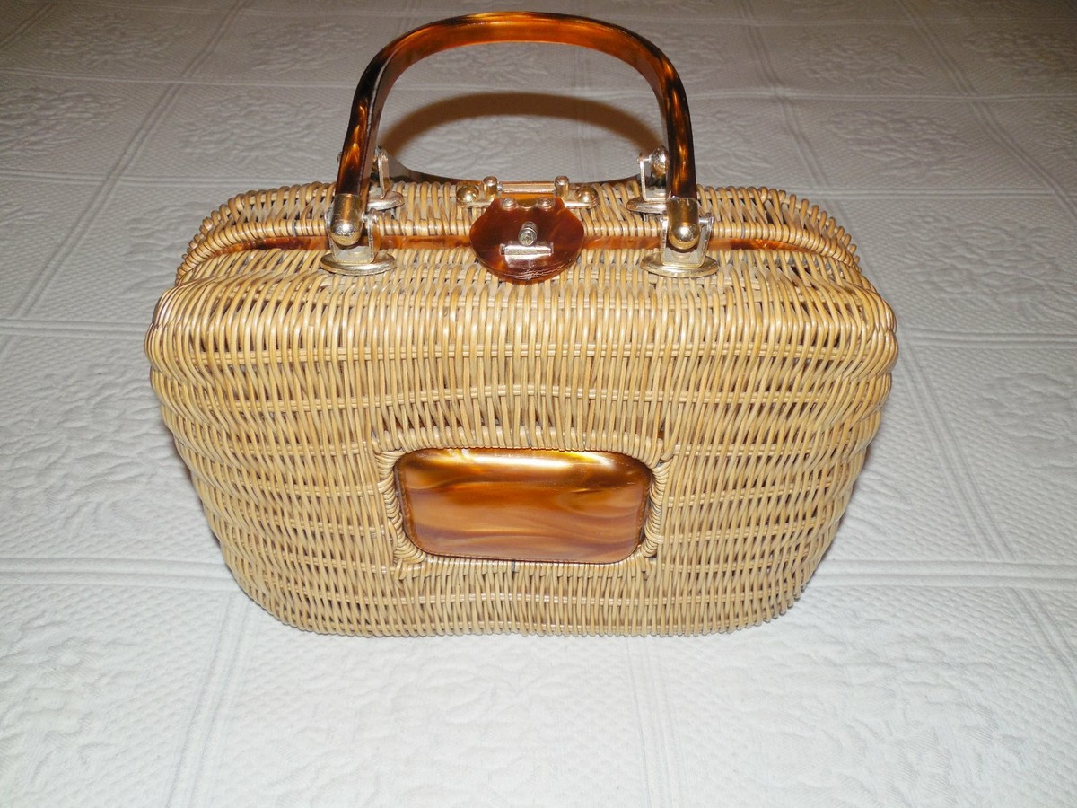 Vintage 1960's Straw Wicker Handbag Purse With Tortoise Shell Look