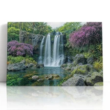 Tropical Waterfall Canvas Print Wall Art – Lush Floral Jungle Landscape Decor
