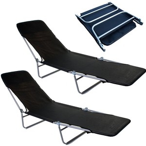 2x Black Textoline Folding Black Reclining Go Flat Sun Lounger