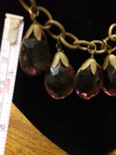 Art Deco Vintage Czech Amethyst Glass Brass Teardrops Link Necklace - Picture 10 of 12