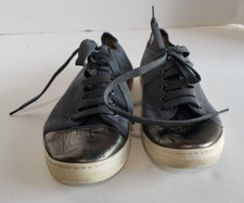 LANVIN MEN'S LOW TOP LACE UP TENNIS SHOES BLUE CANVAS METALLIC LEATHER 40 1/2