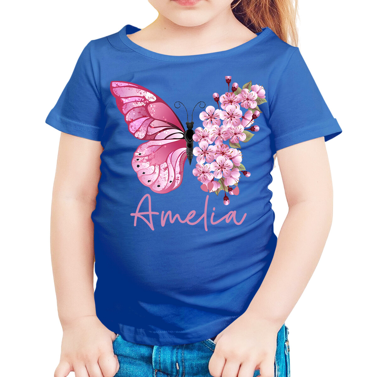 Camiseta personalizada rosa mariposa y flor de cerezo para niños niñas nombre #TA-195