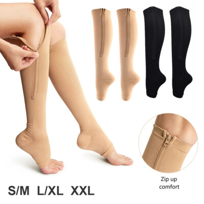 Reißverschluss Socken Kompression Anti Schwellung Müdigkeit Kniehoch Bein Stützstrumpf UK