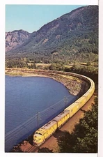 Union Pacific E's with a String of New Boxcars, Columbia Gorge OR 1950s Postcard