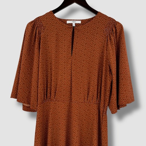 NEXT Damen rostbraun gepunktetes Midikleid Schlüssellochausschnitt Flatterärmel UK 12 - Bild 4 von 9