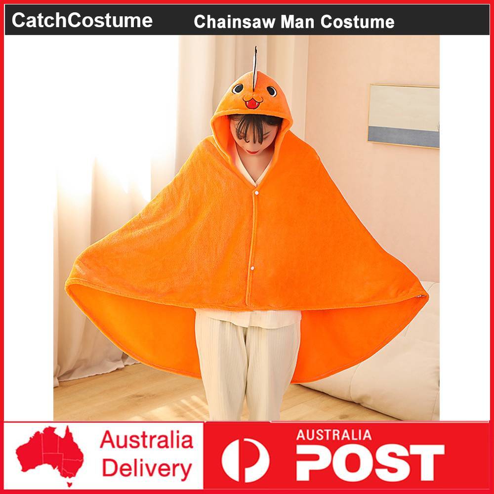 Anime Chainsaw Man Pochita Cosplay Cloak Cape Orange Flannel