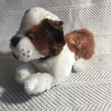 R Dakin 1977 Vintage Plush Saint Bernard Dog Wooden Barrel