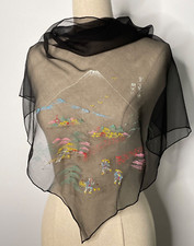 Sheer Black Square Scarf Asian Hand Painted Scene Mountain Flowers Stream VTG