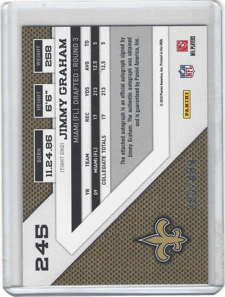 JIMMY GRAHAM 2010 Panini Threads Silver Auto  RC #/499  NEW ORLEANS SAINTS - Image 2 of 2