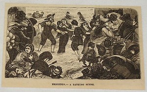 1881 magazine engraving ~ A BATHING SCENE ~ Brighton, GREAT BRITAIN