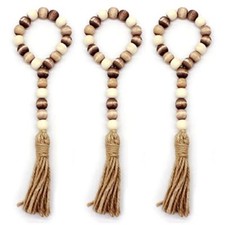Wood Bead Garland with Tassels 3 PCS Farmhouse Rustic Wooden Mix Distressed