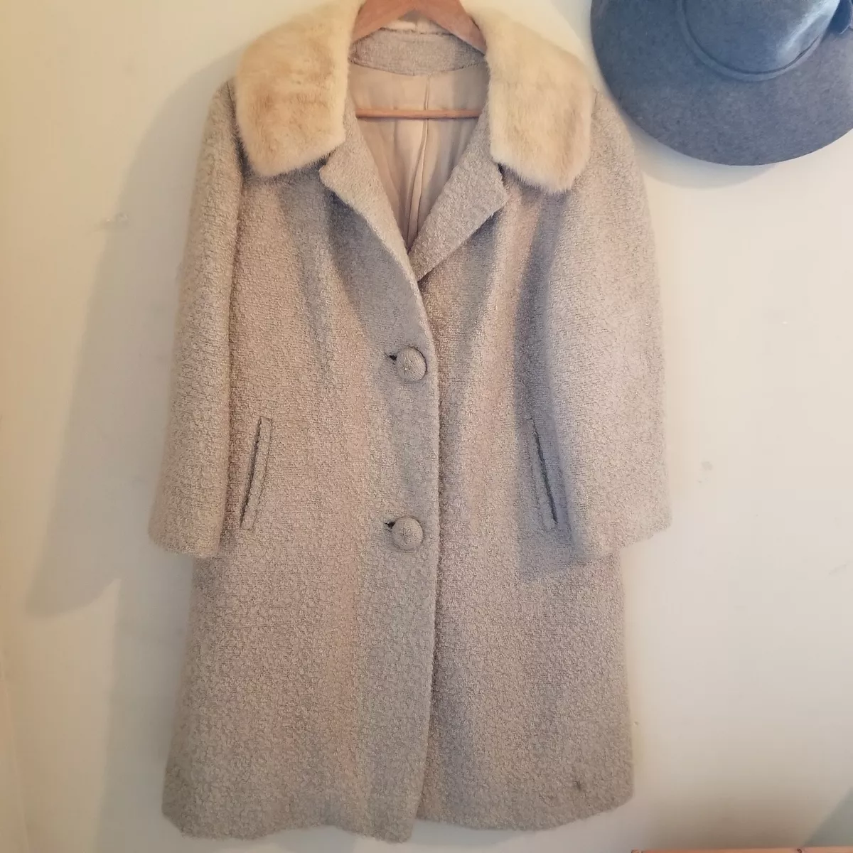 VIntage Berroco Lady Stanley Coat Boucle Teddy Swing Coat Fur Collar Cream Tan